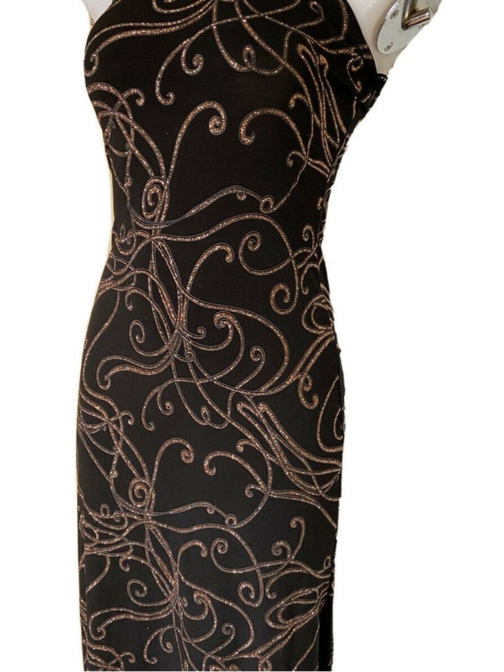 Lipstick Boutique Black Maxi Dress with Metallic Gold Swirls